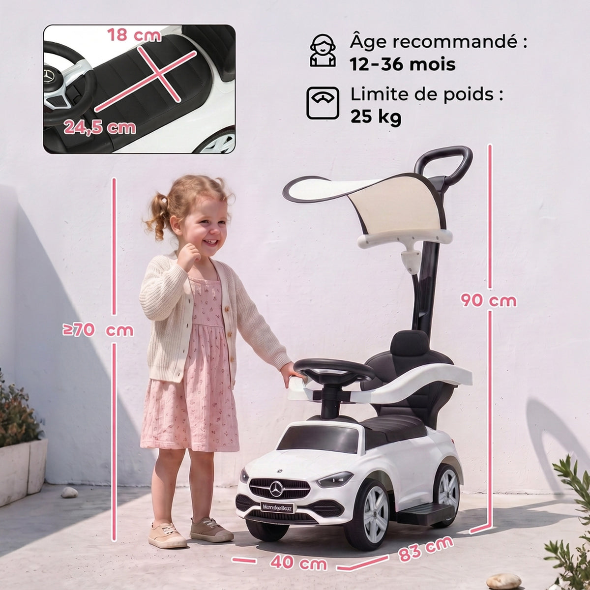 Porteur Enfants 3 en 1 Mercedes-Benz sous Licence, Garde-Corps, Espace de Rangement, Klaxon, 83x40x90cm, Blanc-2