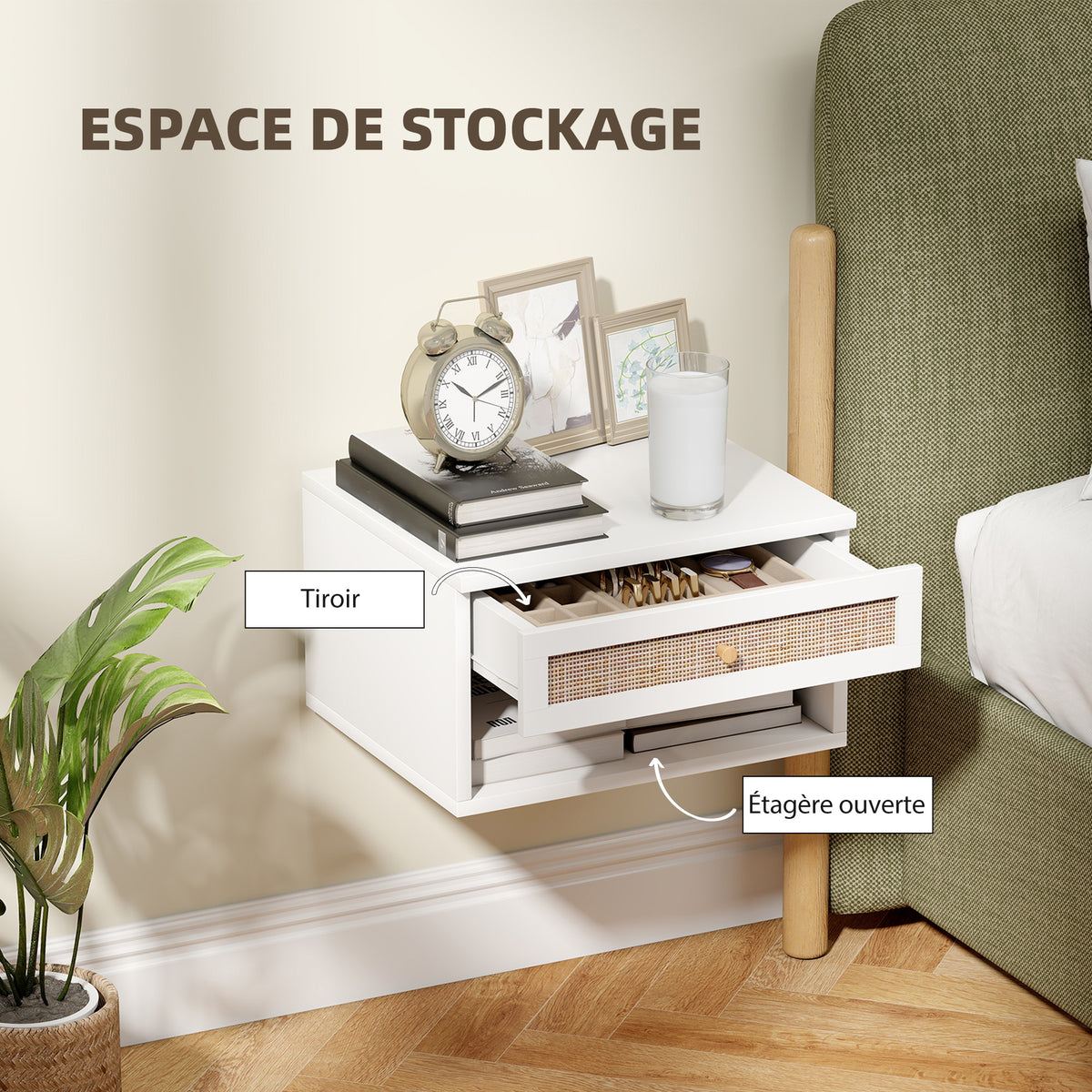 Lot de 2 tables de chevet murales tiroir coulissant, niche, plateau - en bois dim. 40L x 34l x 23H cm-5
