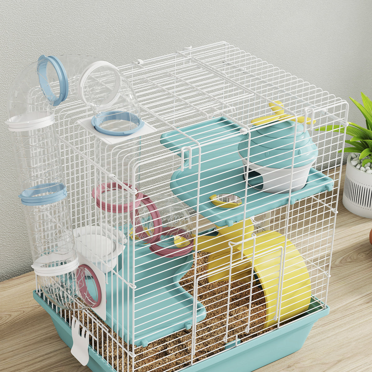 Cage hamster, cage rongeur à 3 niveaux, avec roue d'exercice, tunnel de jeu, gamelle, cabane, 34,5 x 27,5 x 41 cm, bleu-8