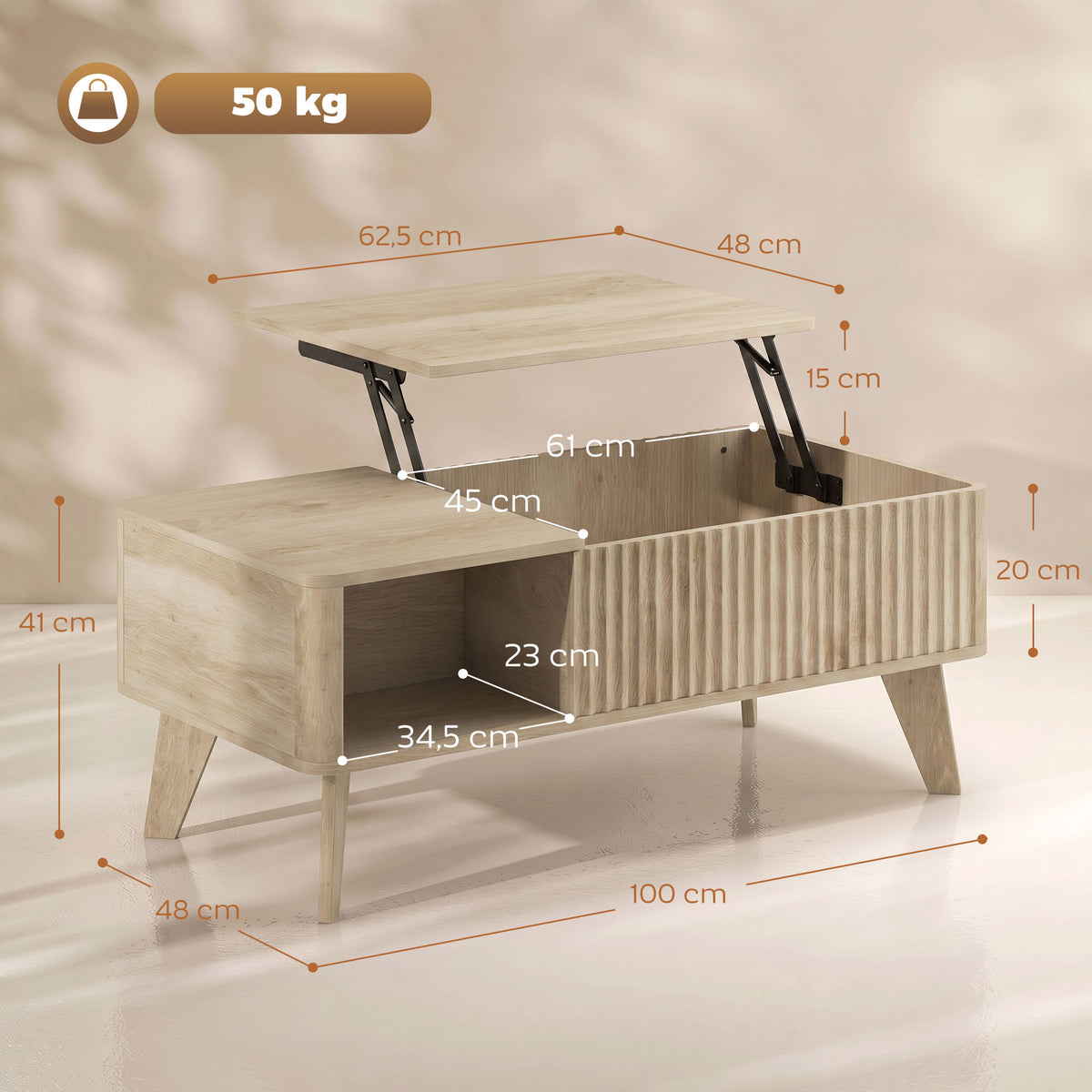 Table Basse Relevable, Compartiment Caché, 2 Étagères Ouvertes, Coins Arrondis, Style Mid-Century, 100x48x41cm, Chêne-2