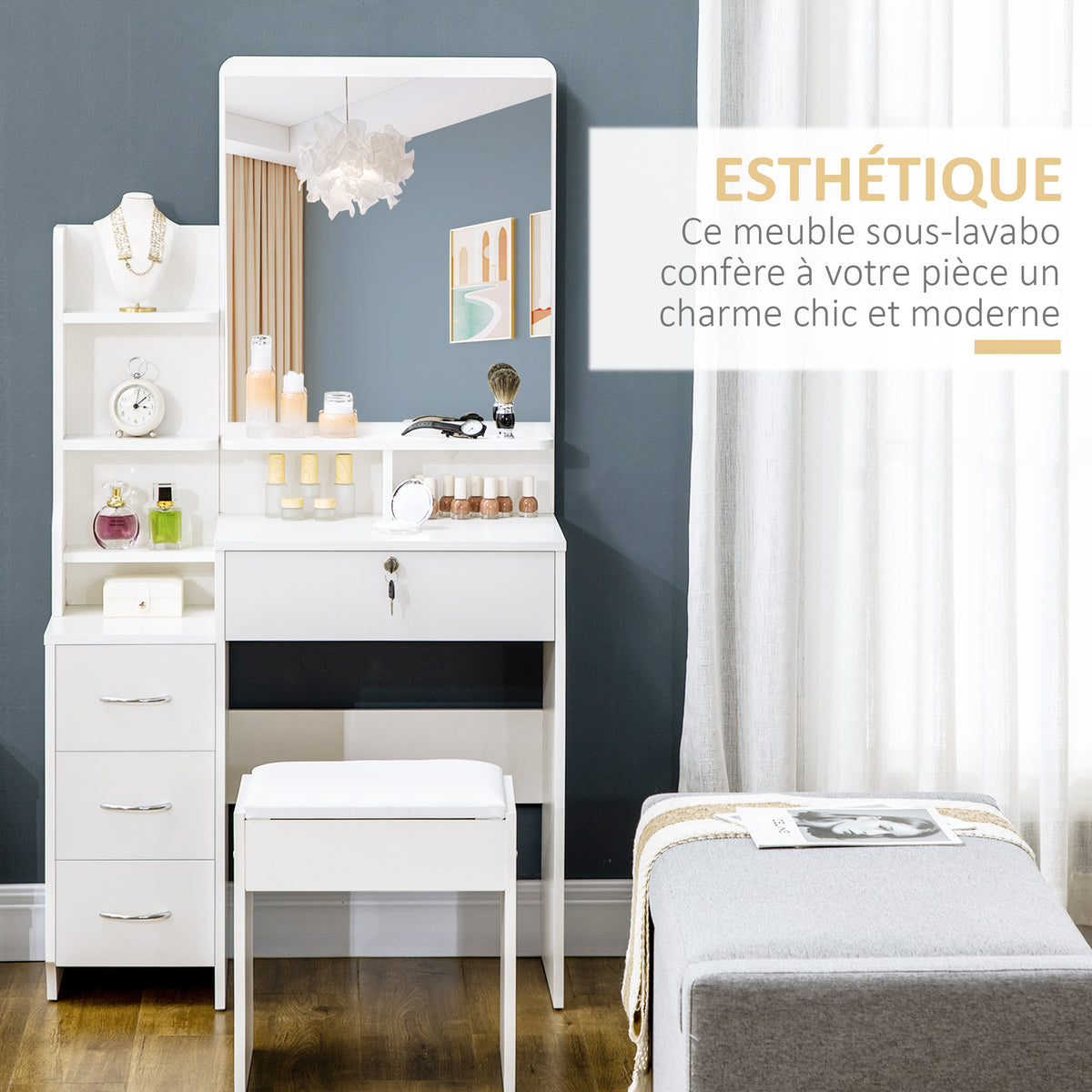 Ensemble de coiffeuse avec tabouret rembourré grand miroir + plusieurs étagères ouvertes + 4 tiroirs blanc-3
