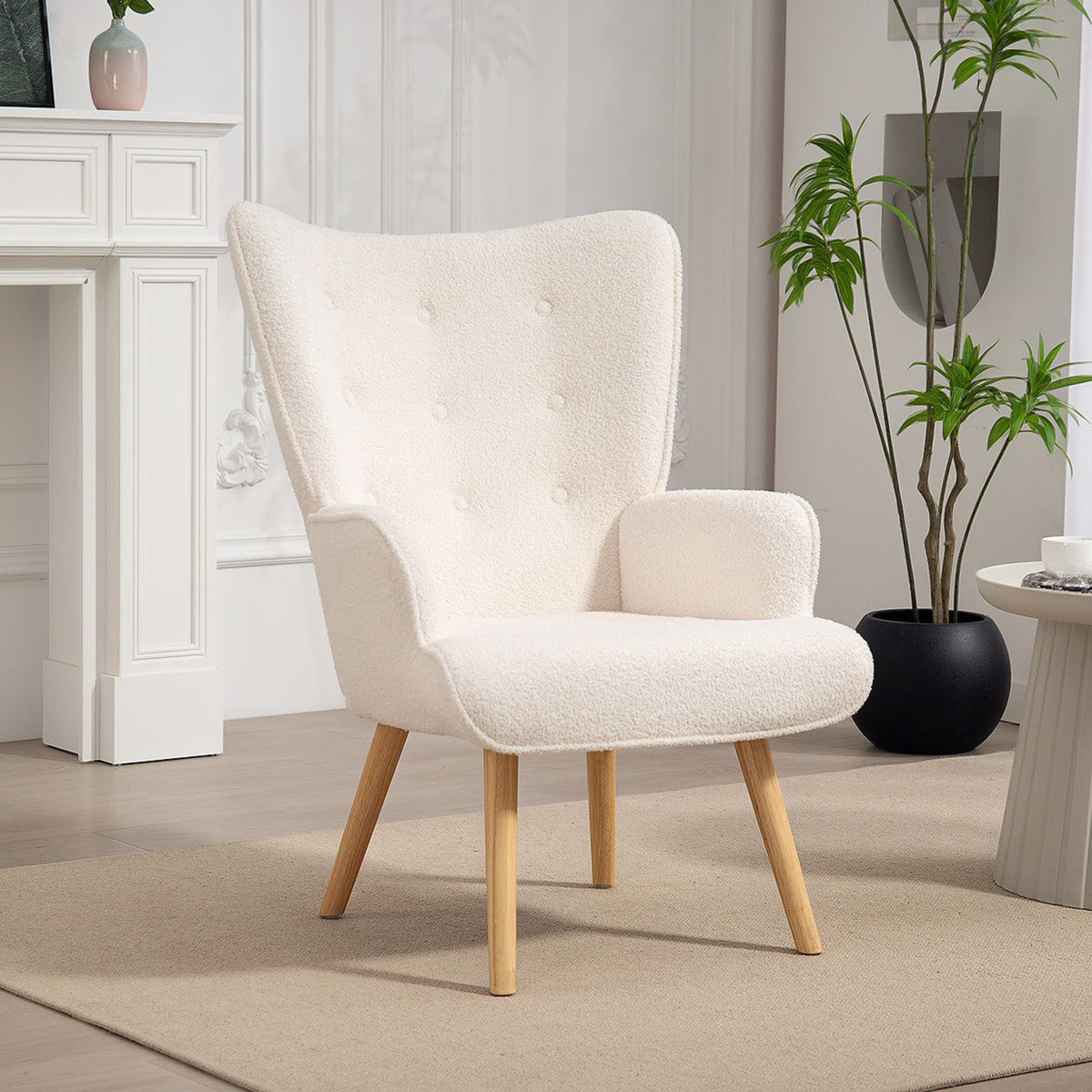 Fauteuil de salon en tissu bouclette, fauteuil capitonné et rembourré avec pieds en bois, 71 x 74 x 96 cm, beige-9