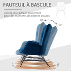 Fauteuil à Bascule, Rocking Chair, fauteuil allaitement confortable avec Structure en bois massif et métal pour Salon, Chambre, Balcon, Velours Bleu-4