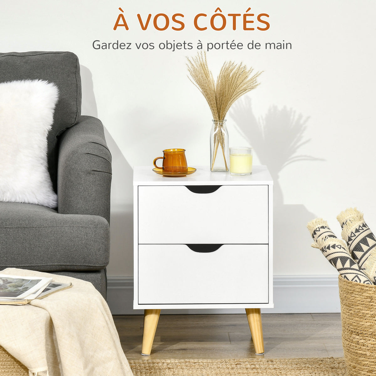 Table de chevet table de nuit avec 2 tiroirs, style scandinave pour chambre à coucher, salon, 40 x 35 x 50,5 cm, blanc-3