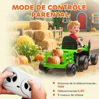 Tracteur électrique enfants avec remorque amovible, voiture électrique enfants, télécommande 2,4G, 139x58x55cm, vert-5