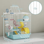 Cage hamster, cage rongeur à 3 niveaux, avec roue d'exercice, tunnel de jeu, gamelle, cabane, 34,5 x 27,5 x 41 cm, bleu-2