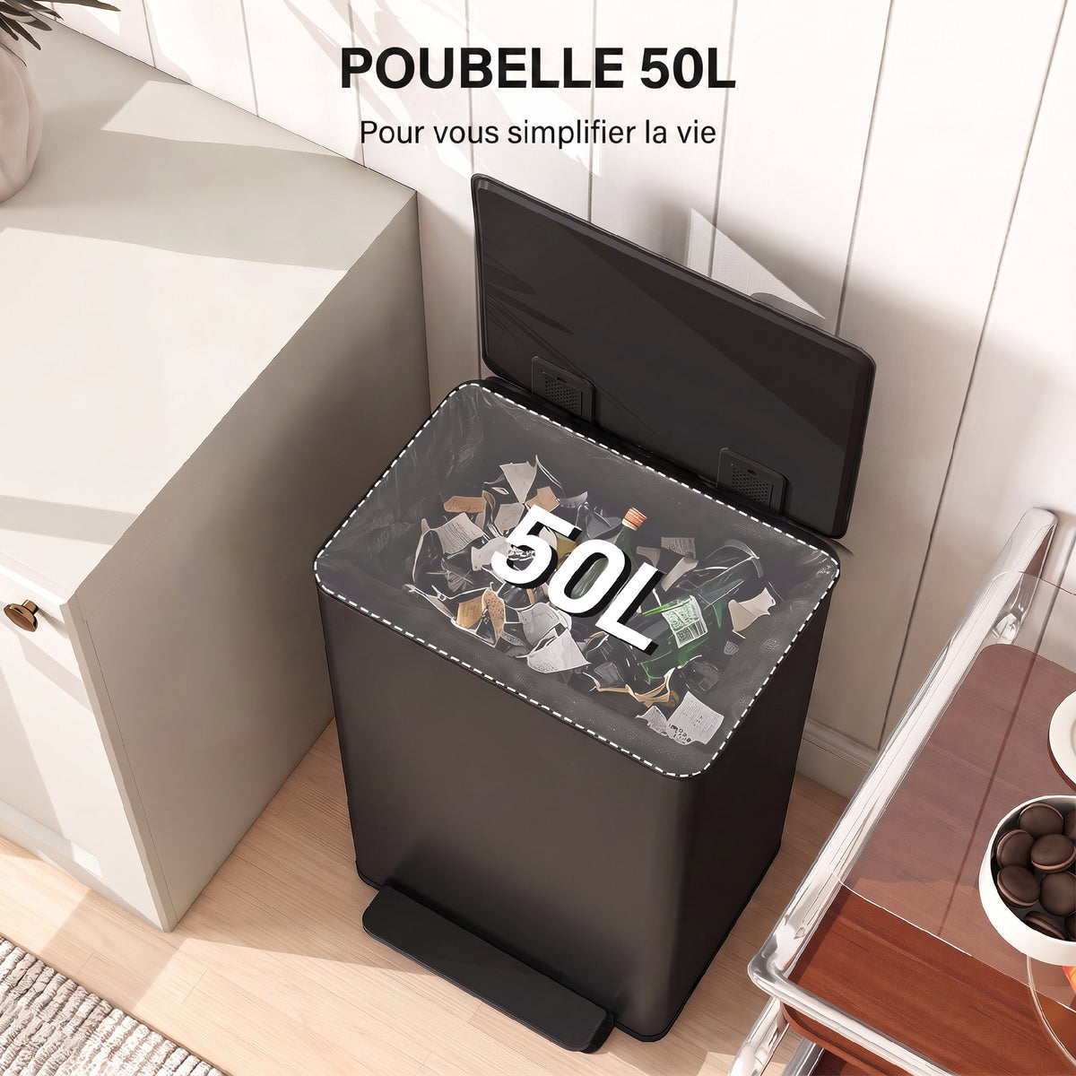 Poubelle cuisine 50L, poubelle à pédale, seau intérieur amovible, couvercle à fermeture douce, 41,7x36,6x62cm, noir-3