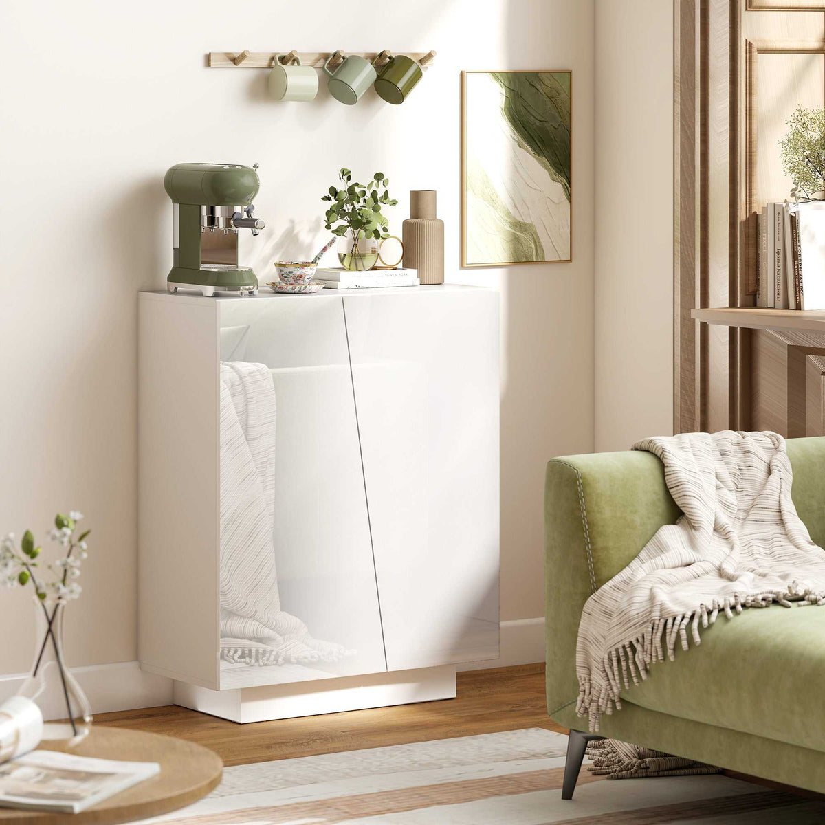 Buffet meuble de rangement avec placard double porte et étagère réglable, 70 x 40 x 88 cm, blanc brillant-7