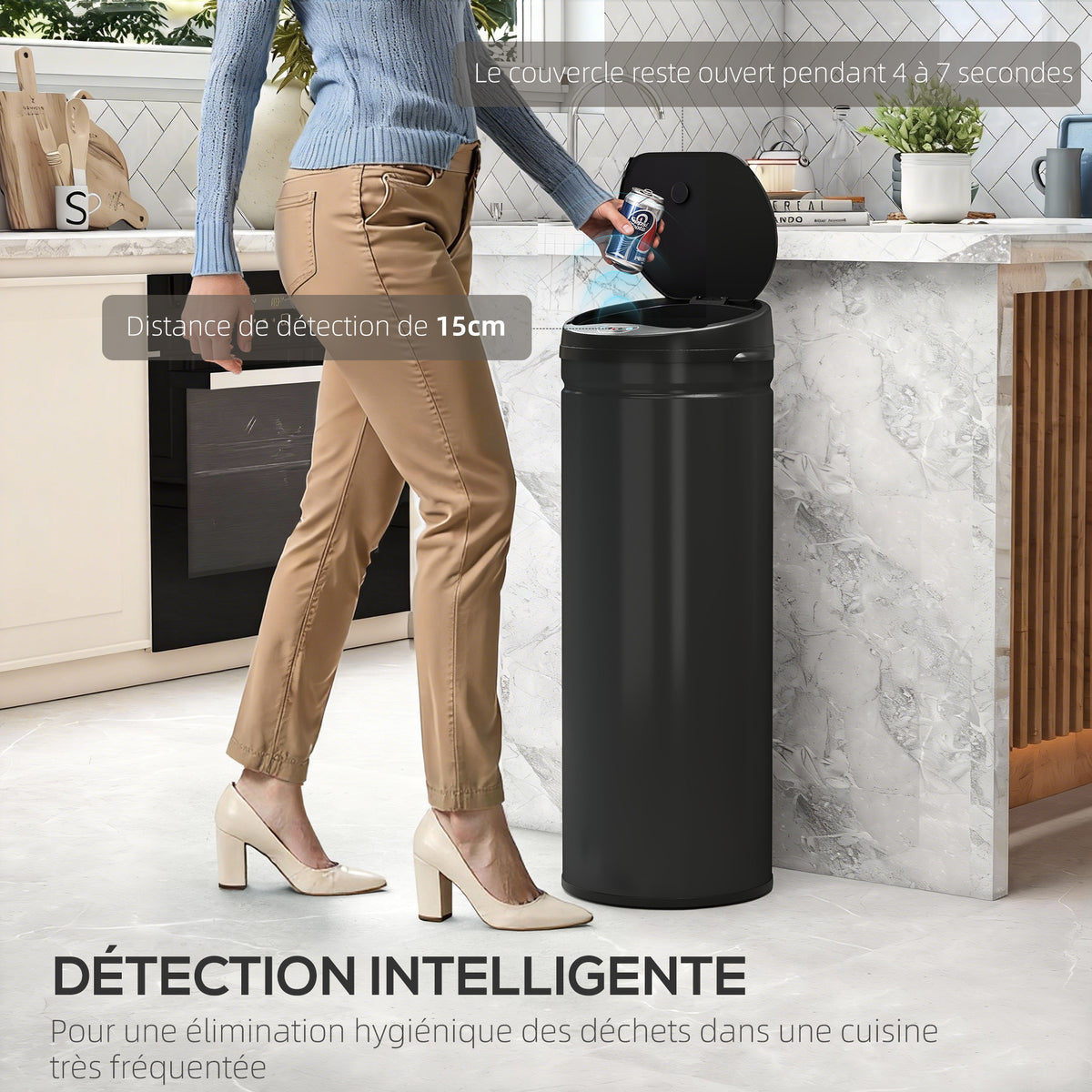 Poubelle cuisine automatique 50L acier inoxydable, poubelle à couvercle à fermeture en douceur, 30,5x30,5x85cm, noir-3