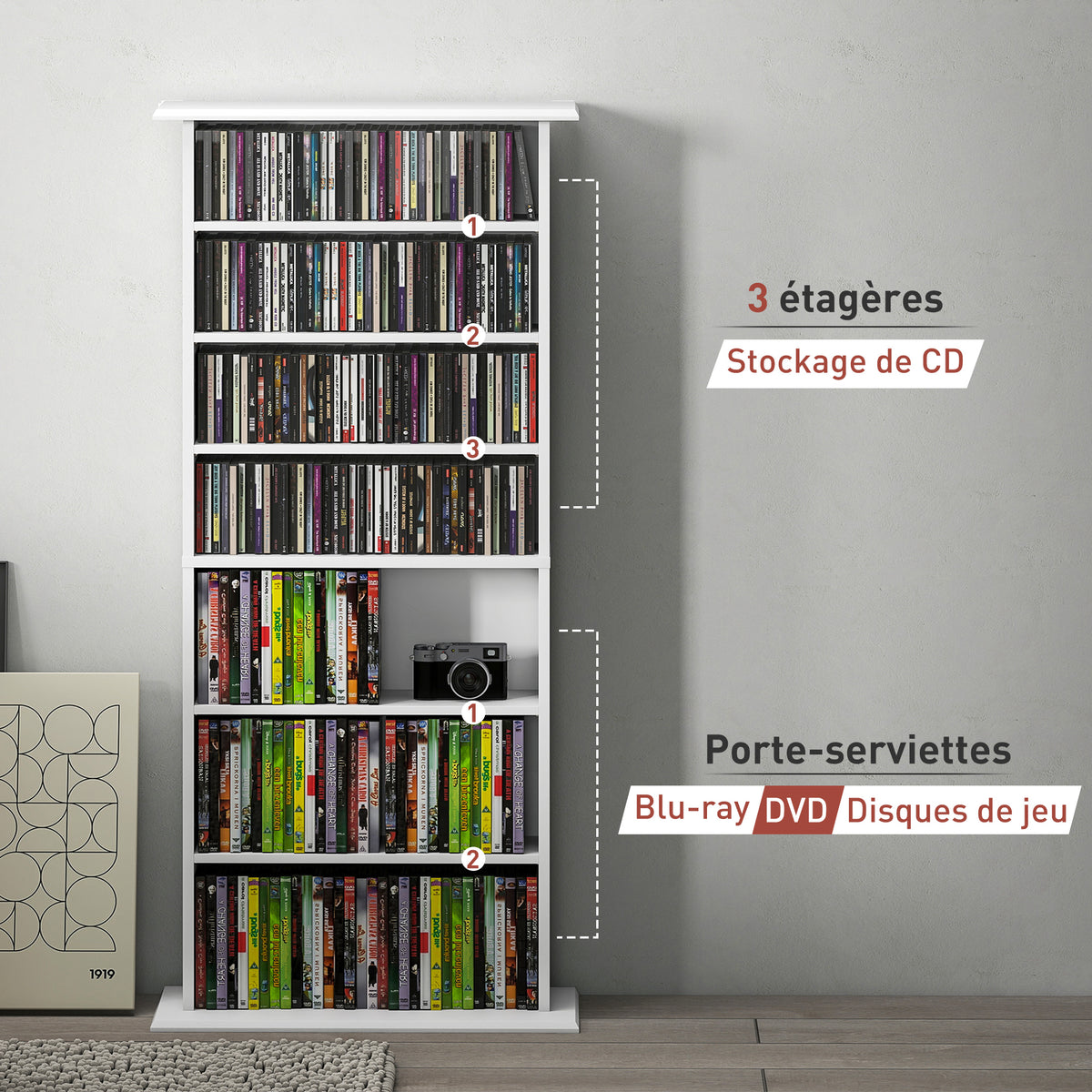 Rangements pour CD et DVD avec 8 compartiments et 6 étagères réglables, capacité max. 360 CD/185 DVD et Blu-ray, blanc-7