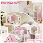 Coiffeuse enfant 2 en 1 avec tabouret miroir triptyque et lumières LED bicolores 93,6 x 48,5 x 111,5 cm blanc-7
