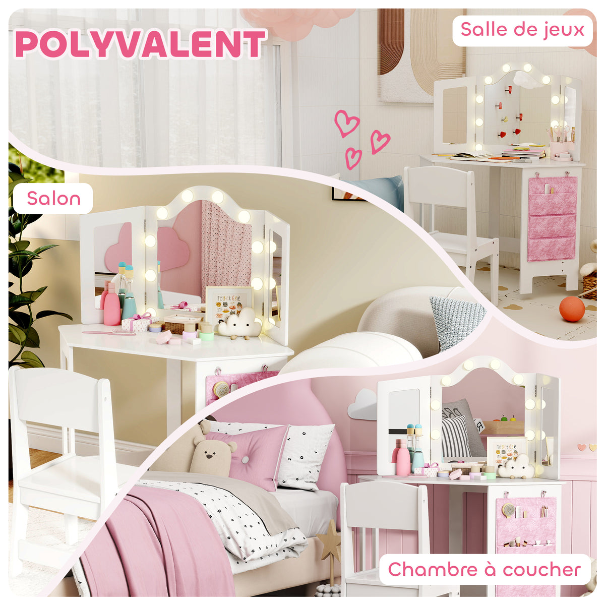Coiffeuse enfant 2 en 1 avec tabouret miroir triptyque et lumières LED bicolores 93,6 x 48,5 x 111,5 cm blanc-7