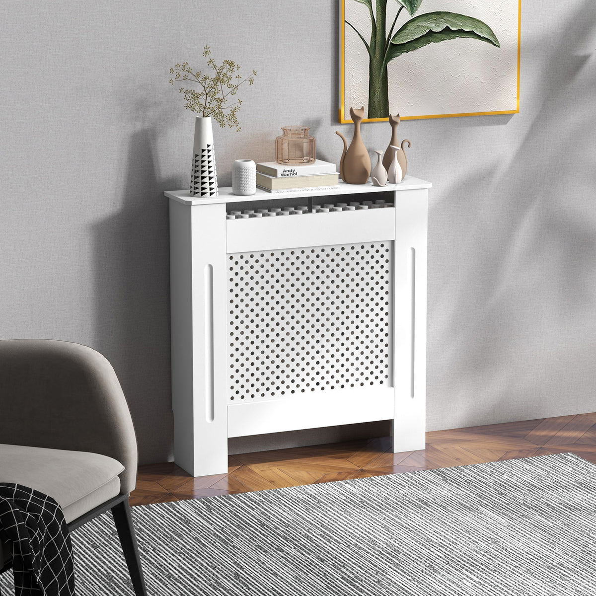 Cache-radiateur, couvercle de radiateur, couverture radiateur, grille ronde, 78L x 19l x 82H cm en bois blanc-1
