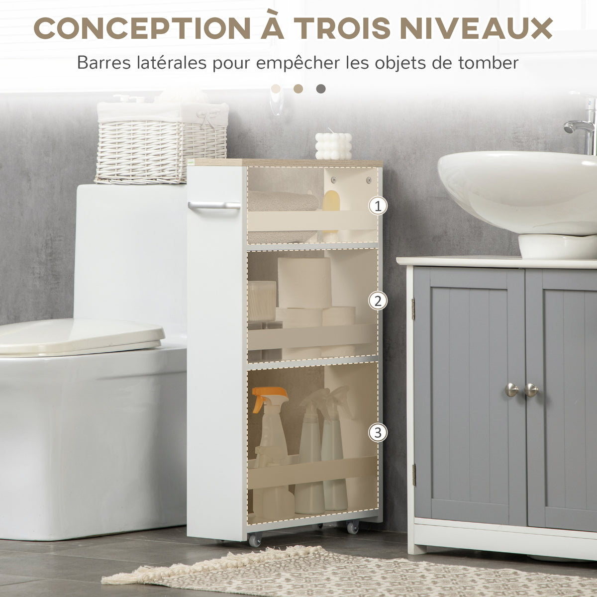 Lot de 2 chariots de rangement chariot de stockage étagère sur roulettes pour cuisine étroite salle de bain buanderie-3