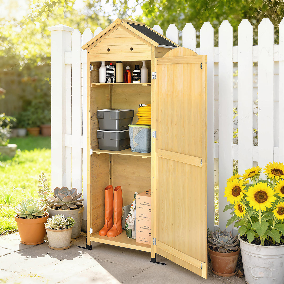Armoire de Jardin en Bois Toit Acier Galvanisé Texture Gaufrée Étagères Réglables 85x58x213cm Bois Naturel-9