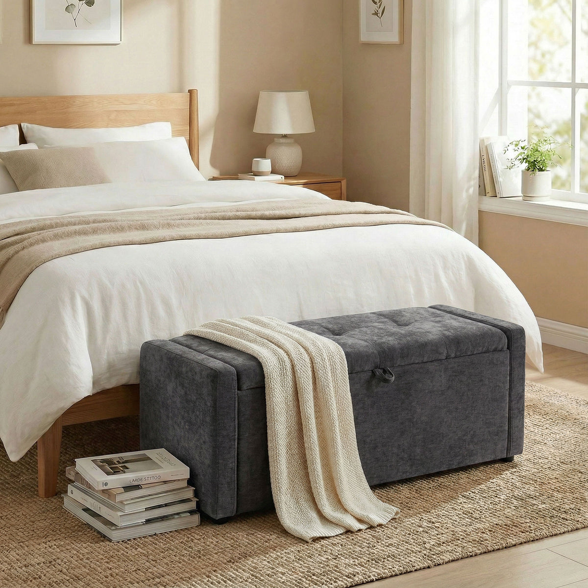 Banc de rangement, bout de lit, repose-pieds rembourré en lin avec assise large, 122 x 48 x 44 cm, gris foncé-8
