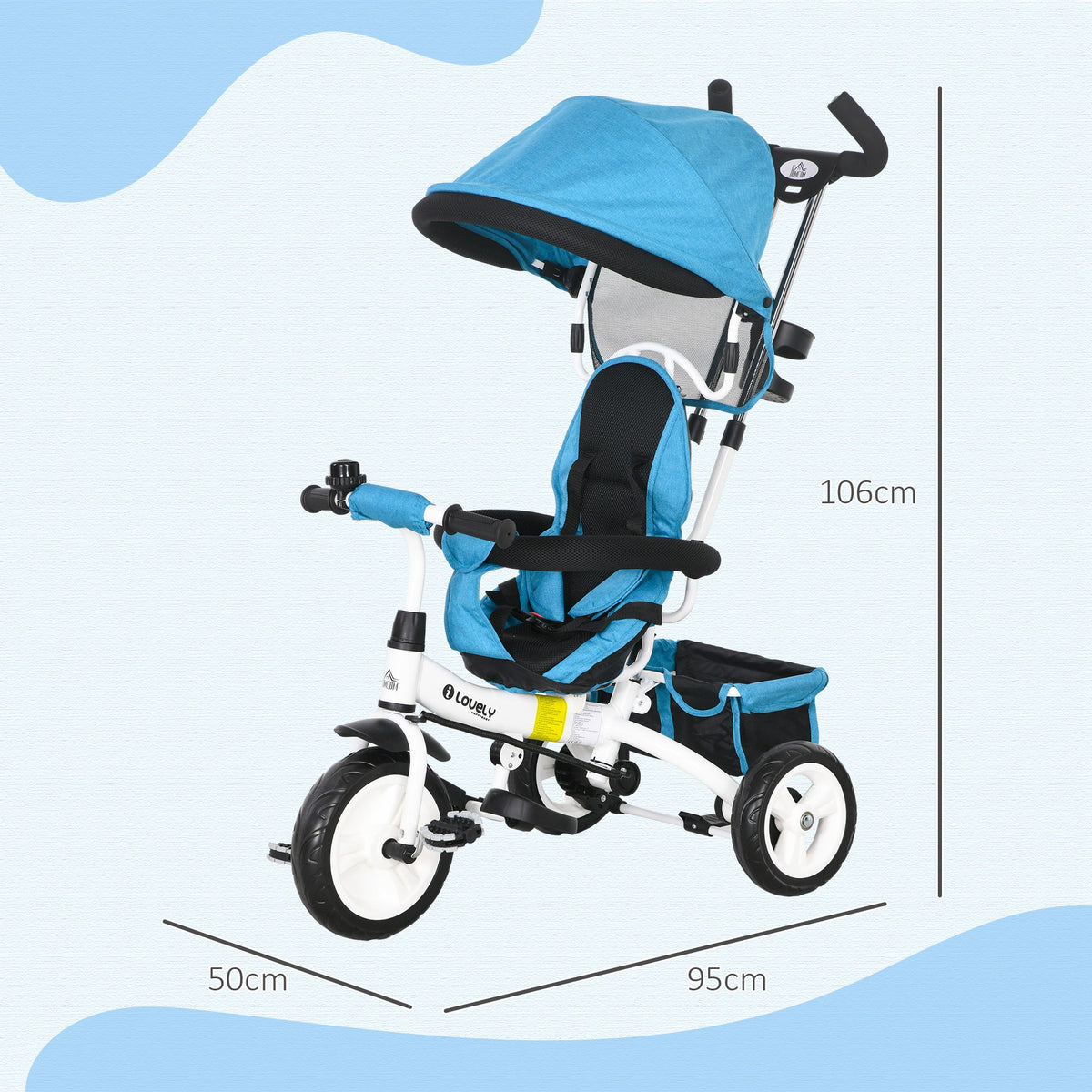 Tricycle 6 en 1 pour enfants, auvent, ceinture de sécurité 5 points, rangement, repose-pieds, frein, 1-5 ans, bleu-2