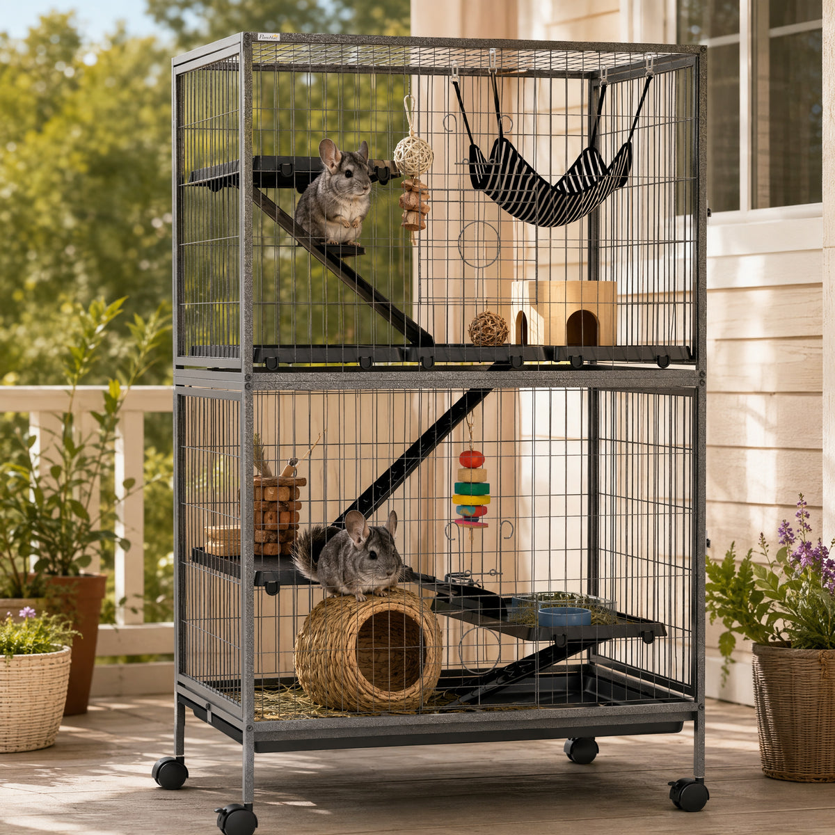 Cage pour rongeurs Multifonction 4 Plateformes 3 rampes 4 Portes dim. 80L x 52l x 128H cm acier Gris argenté Noir-8