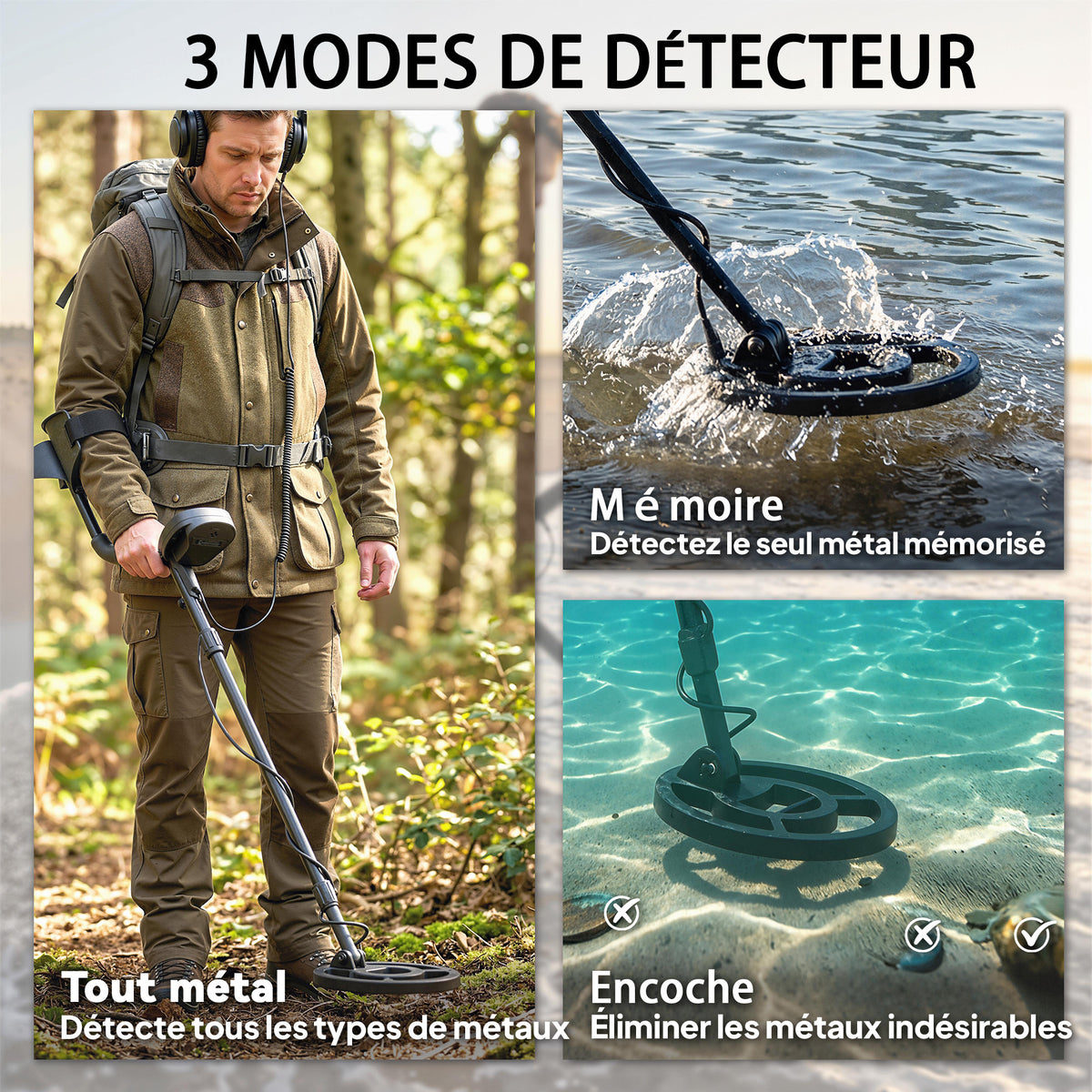 Détecteur de métaux pour adultes, bobine de recherche étanche IP68 avec écran LCD, détecteur d'or à 3 modes avec pelle-3