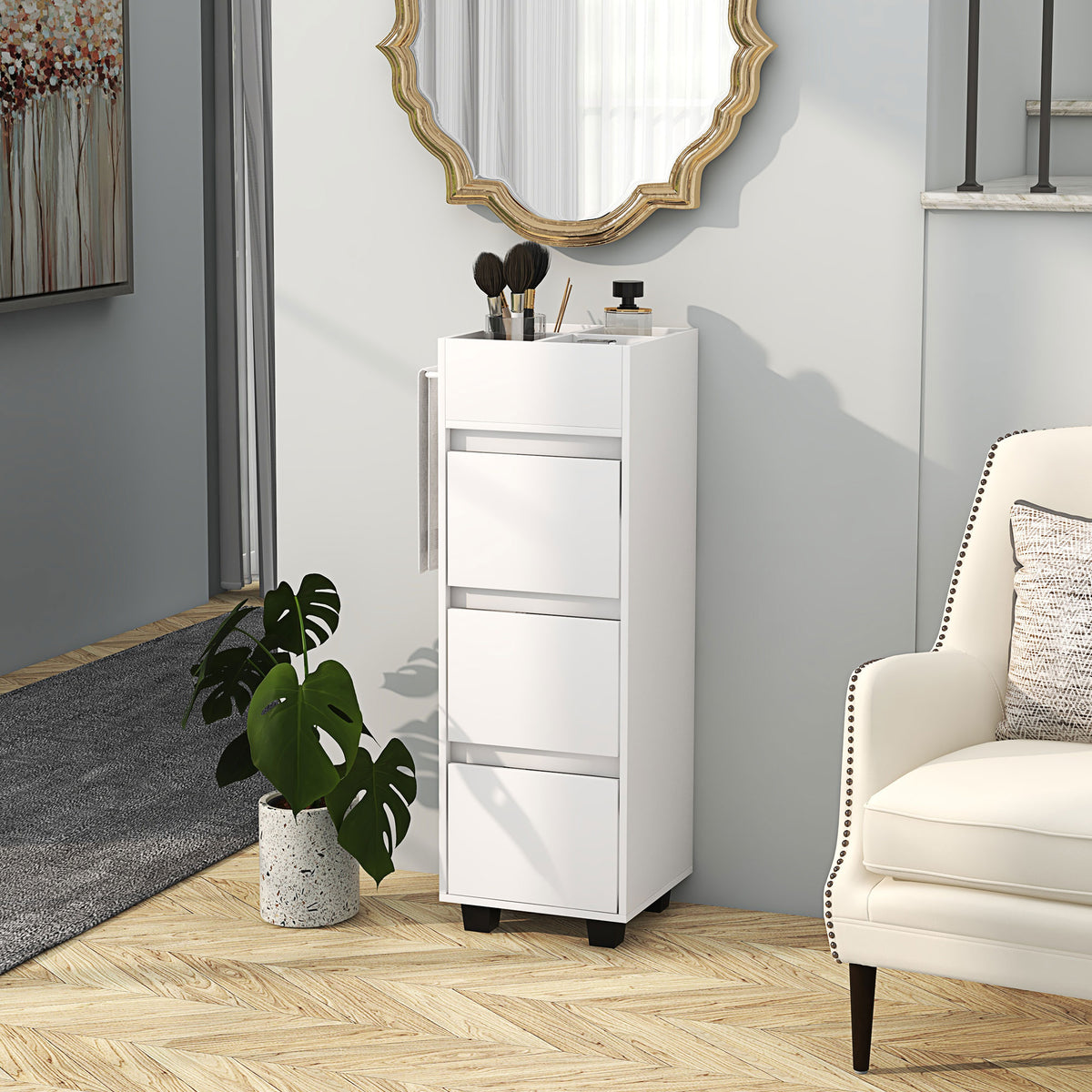 Meuble de rangement pour salle de bain avec 4 compartiments, 3 tiroirs et porte-serviettes, dim. 35 x 30 x 90 cm, blanc-9