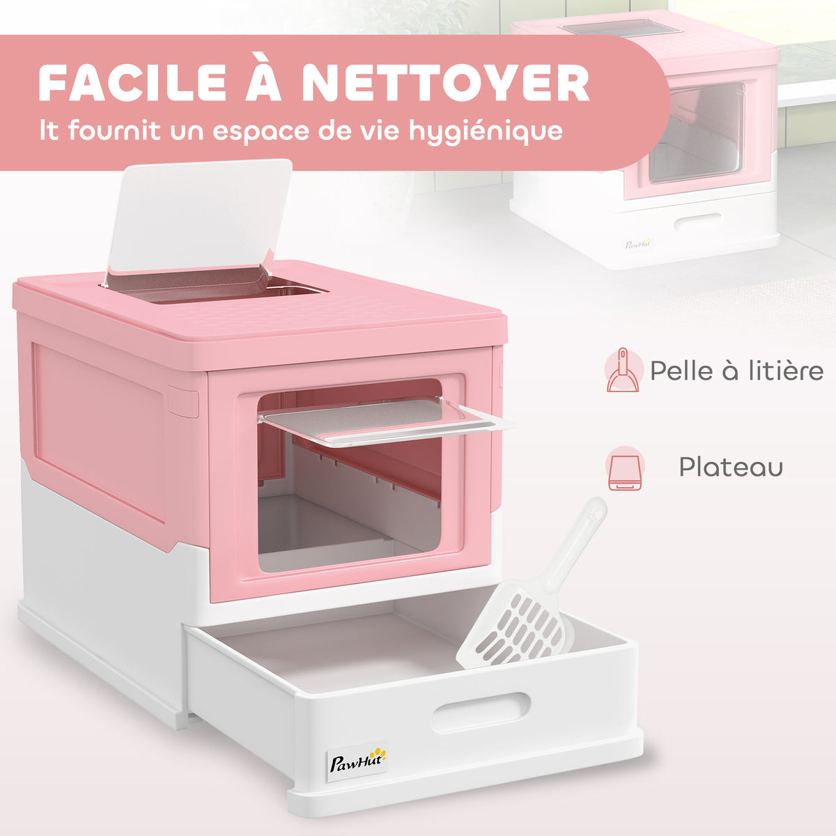 Maison de toilette pour chat pliable double porte battante et supérieure pelle fourni 47,5 x 35,5 x 36,7 cm rose-3