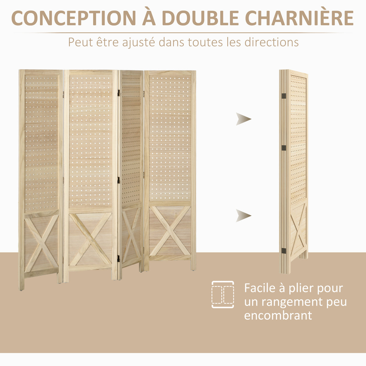 Paravent intérieur en bois 4 panneaux séparateur de pièce pliable panneau perforé 152 x 1,7 x 144,5 cm bois naturel-5