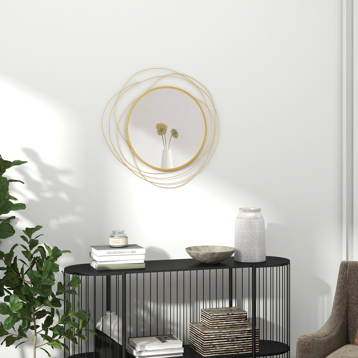 Miroir rond en métal filaire doré, décoration style moderne, diamètre Φ65 cm-9