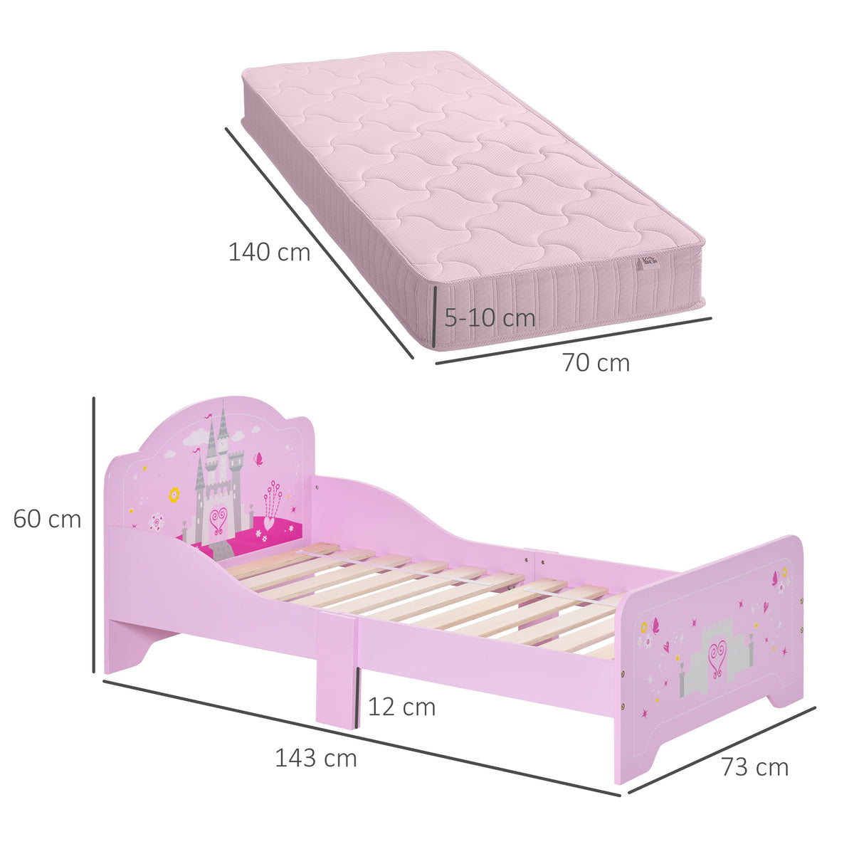 Lit Enfant 140x70cm - lit enfant Design Princesse Motif château - sommier Lattes Inclus - MDF Contre-plaqué Rose-2