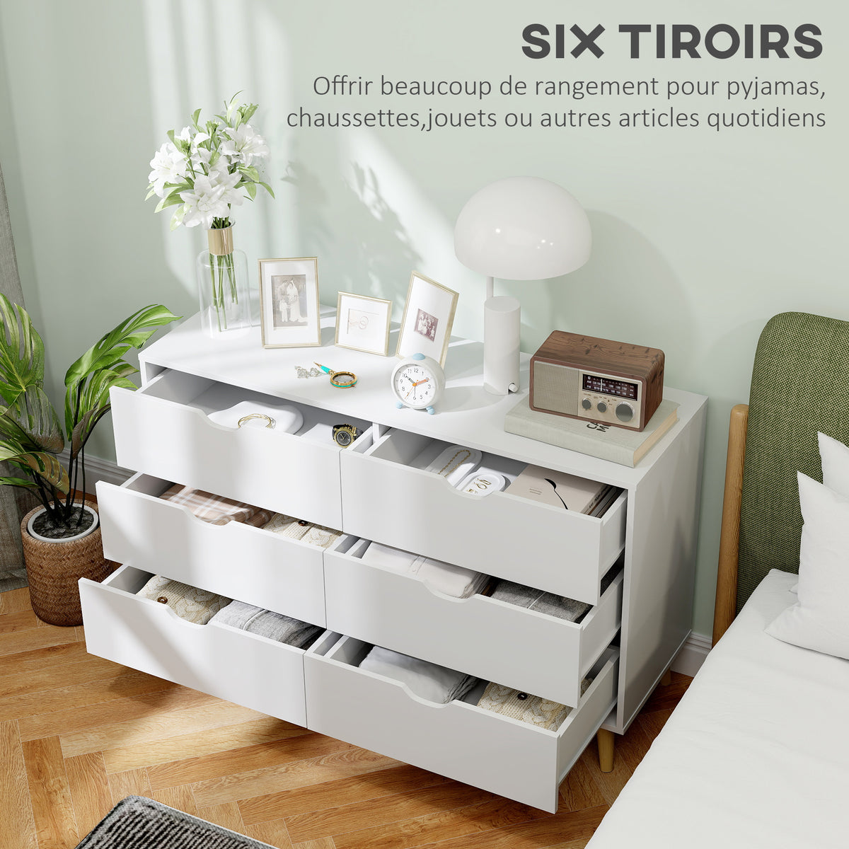 Commode 6 tiroirs meuble de rangement 5 pieds biseautés en bois 120 x 40 x 76 cm blanc-4