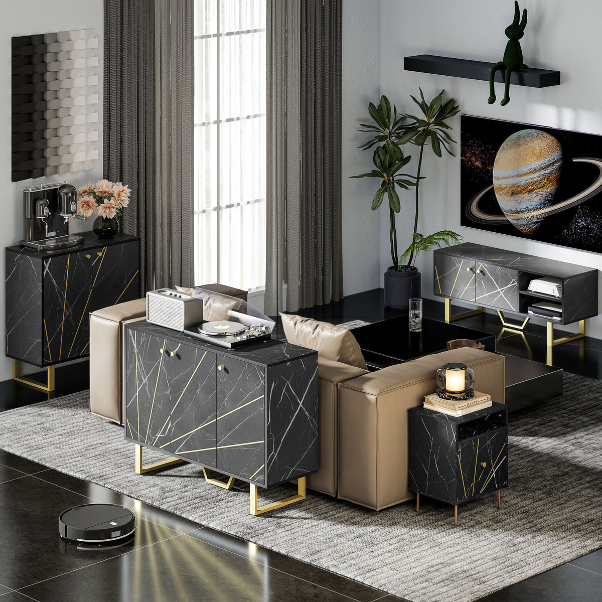 Buffet de rangement avec 2 portes et étagère réglable pieds en métal 76 x 35 x 77 cm ton marbre noir-8