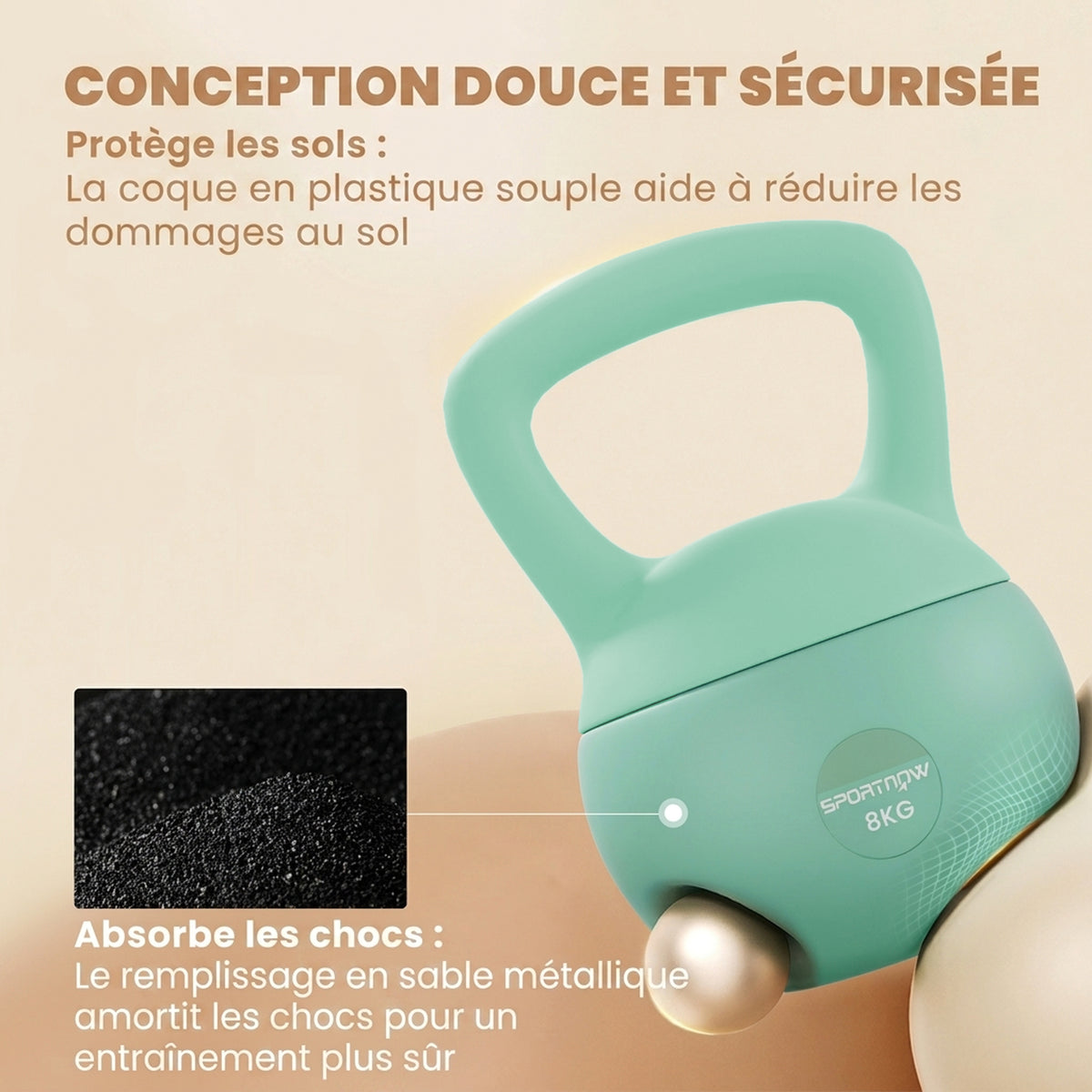 Kettlebell 8 kg, avec poignée antidérapante, pour fitness musculation cardio, 19 x 19 x 28 cm, vert-3