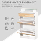 Armoire à Chaussures Meuble rangement Chaussures 2 Portes abattantes 2 Compartiments, tiroir, Plateau en Verre - Bois chêne Blanc-3