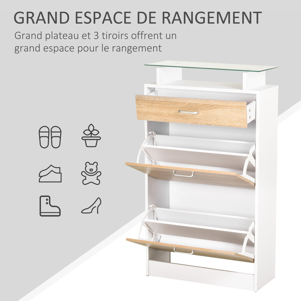 Armoire à Chaussures Meuble rangement Chaussures 2 Portes abattantes 2 Compartiments, tiroir, Plateau en Verre - Bois chêne Blanc-3