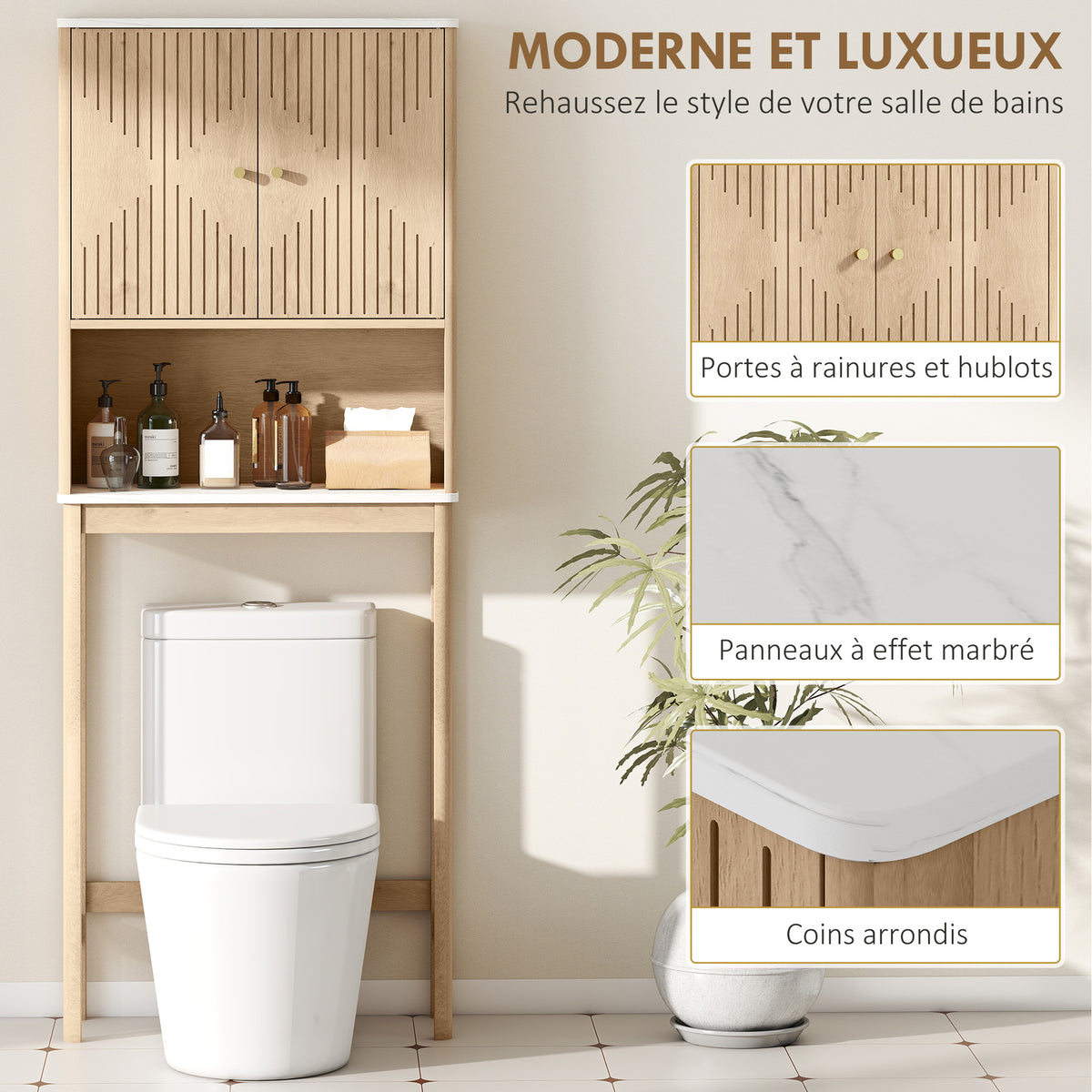 Meuble WC dessus de toilette meuble toilettes WC rangement avec placard à double porte étagères 66 x 25 x 168 cm, chêne-6