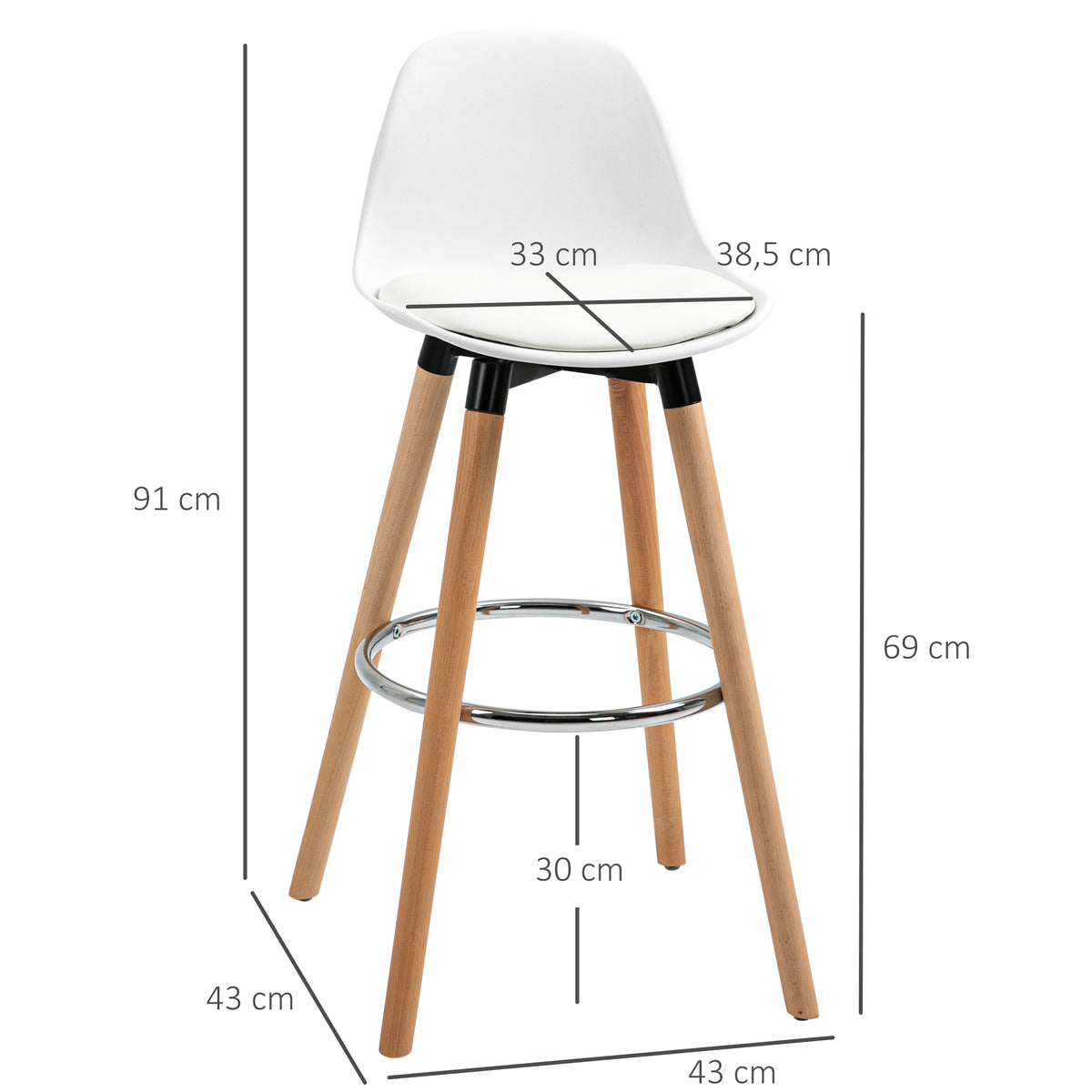 Lot de 2 tabourets de bar, chaises de bar en PU avec dossier et repose-pieds, assise rembourrée 69 cm, pieds en bois, style moderne, tabourets hauts pour cuisine, salle à manger, salon, blanc-2