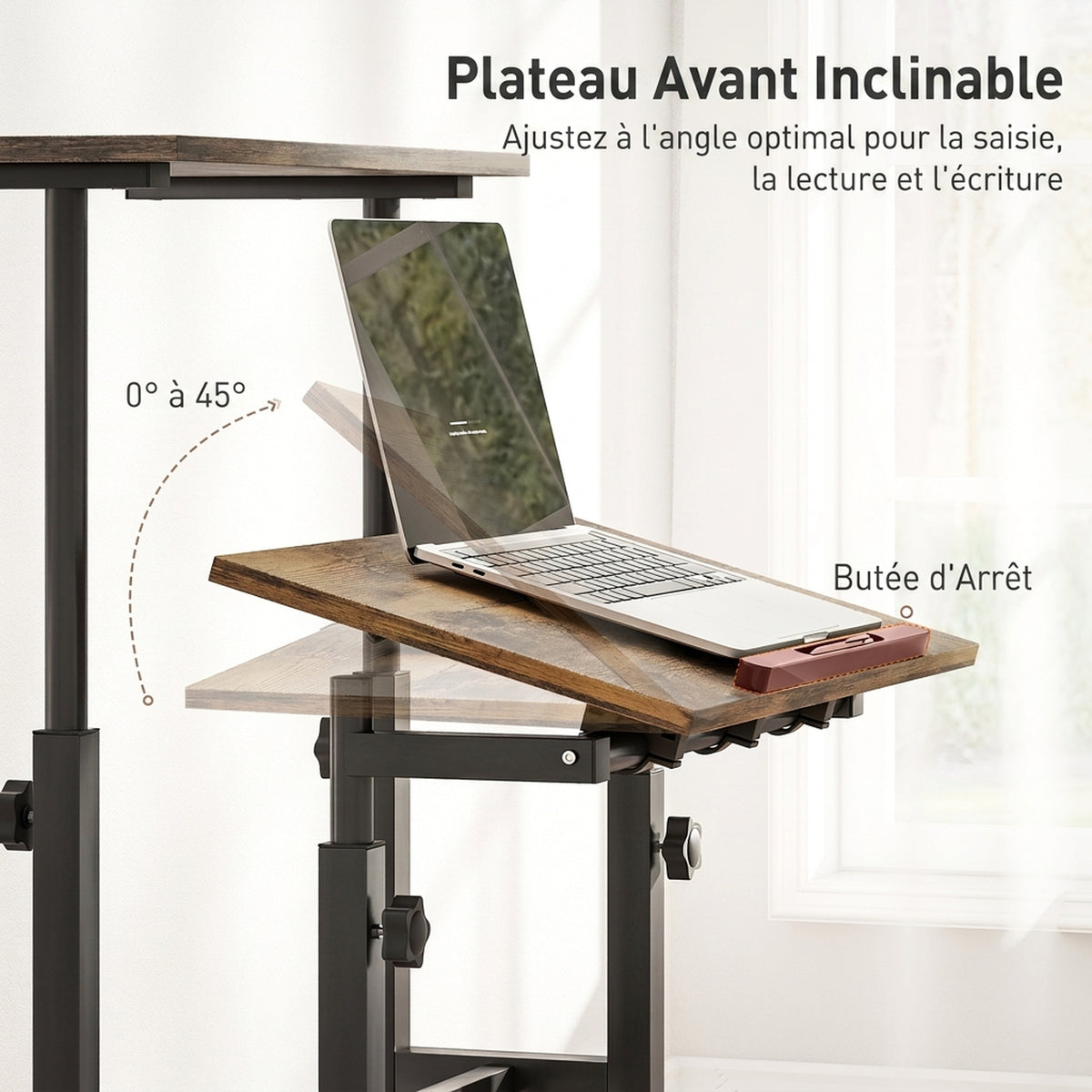 Bureau assis debout bureau réglable en hauteur 60 x 60 cm à roulettes avec plateau inclinable cadre métal brun rustique-4