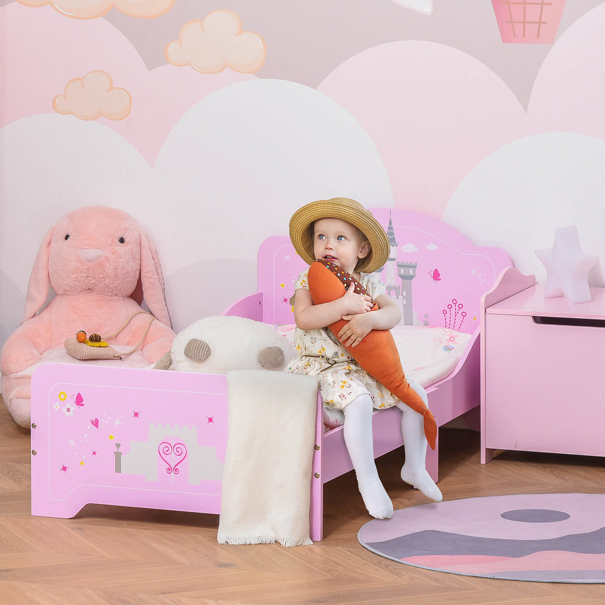 Lit Enfant 140x70cm - lit enfant Design Princesse Motif château - sommier Lattes Inclus - MDF Contre-plaqué Rose-1