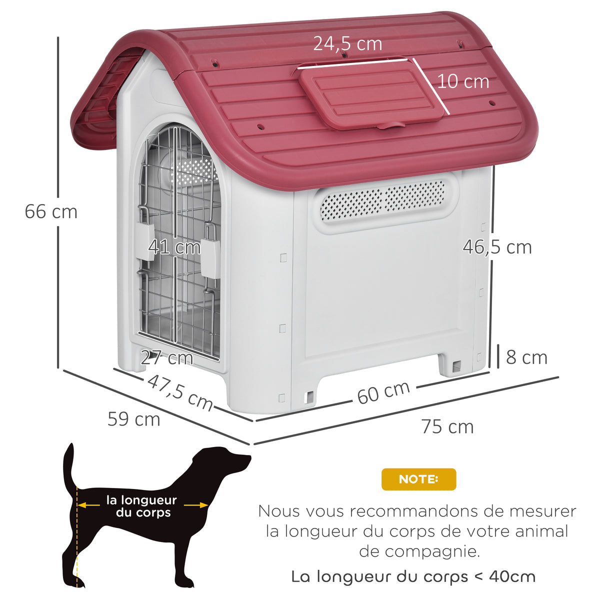 Niche pour chien extérieur et intérieur double porte en métal et multi-ventilation 59 x 75 x 66 cm rouge-2