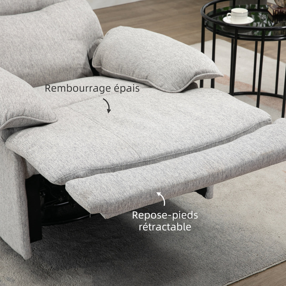 Fauteuil de relaxation inclinable manuellement avec repose-pied ajustable tissu aspect lin gris clair-5