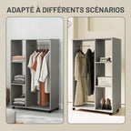 Armoire penderie meuble de rangement mobile 4 roulettes avec tringle à vêtements et étagères ouvertes, gris-3