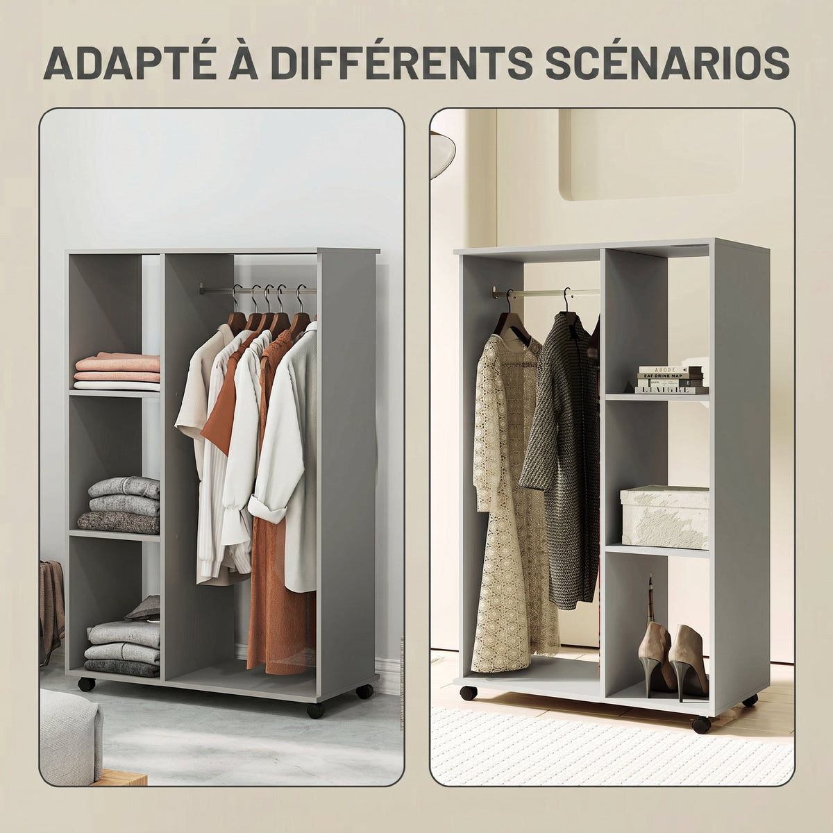 Armoire penderie meuble de rangement mobile 4 roulettes avec tringle à vêtements et étagères ouvertes, gris-3
