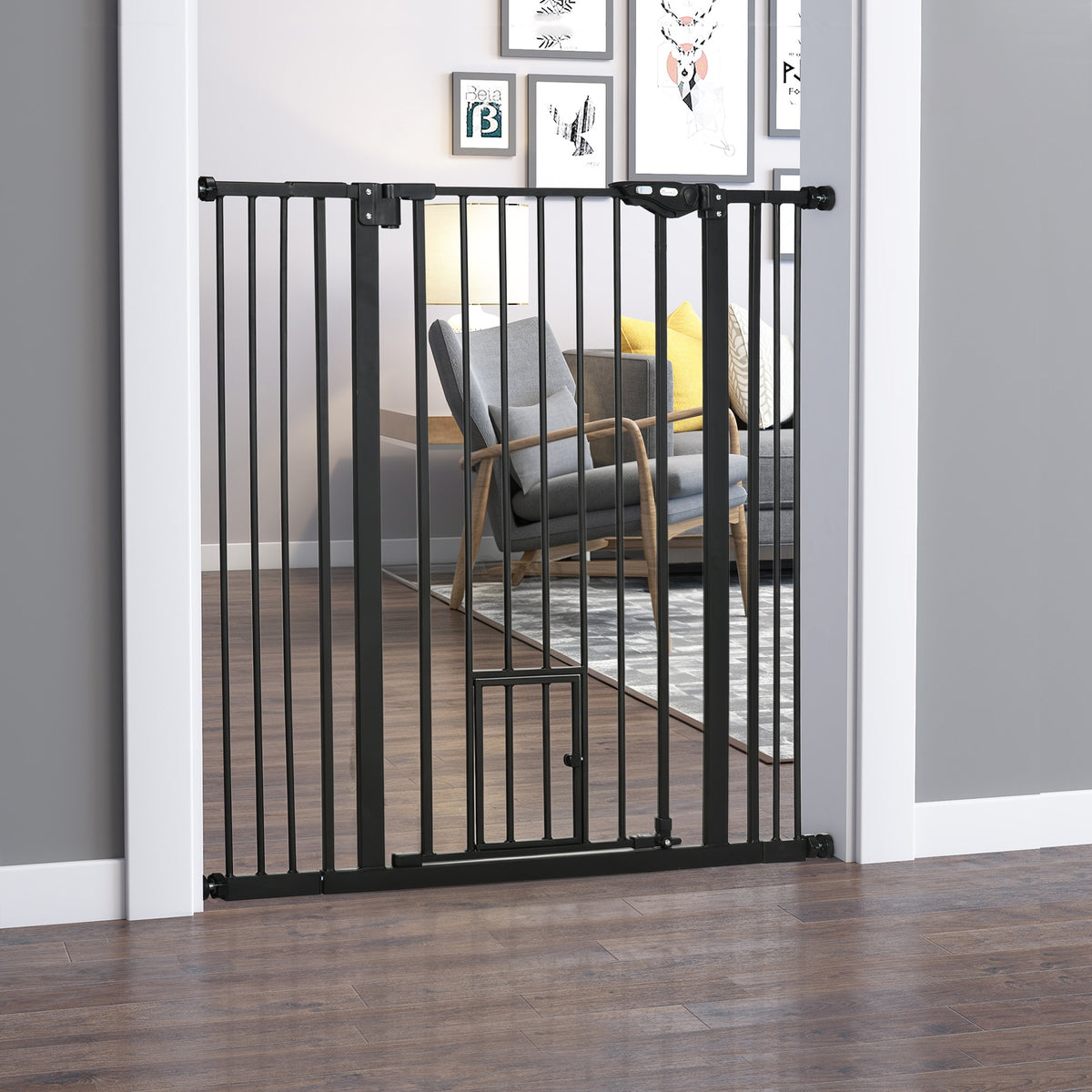 Barrière de sécurité animaux de 104,1H cm avec porte fermeture automatique système de double verrouillage noir-1
