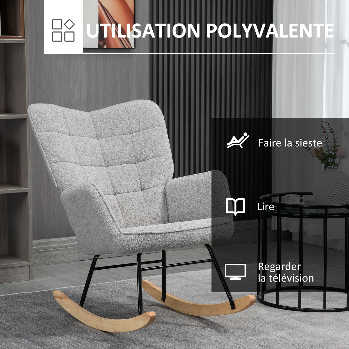 Fauteuil à bascule rocking chair revêtement bouclette structure en acier 71 x 98 x 101 cm Gris clair-5
