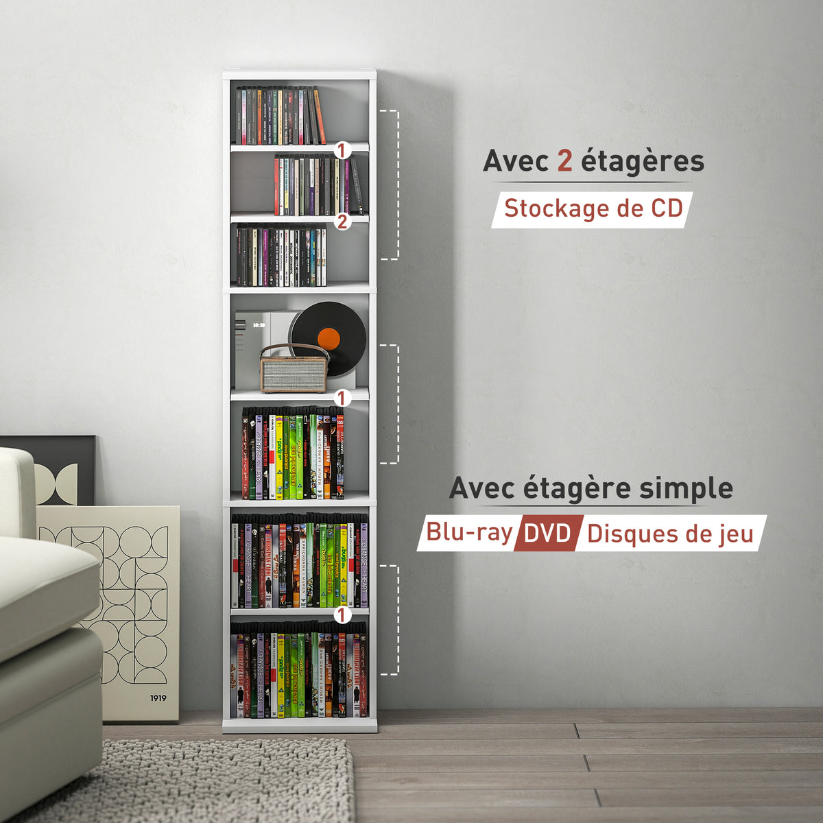 Rangements pour CD et DVD 9 compartiments et 6 étagères réglables capacité max. 260 CD/120 DVD 33 x 24 x 140 cm blanc-7