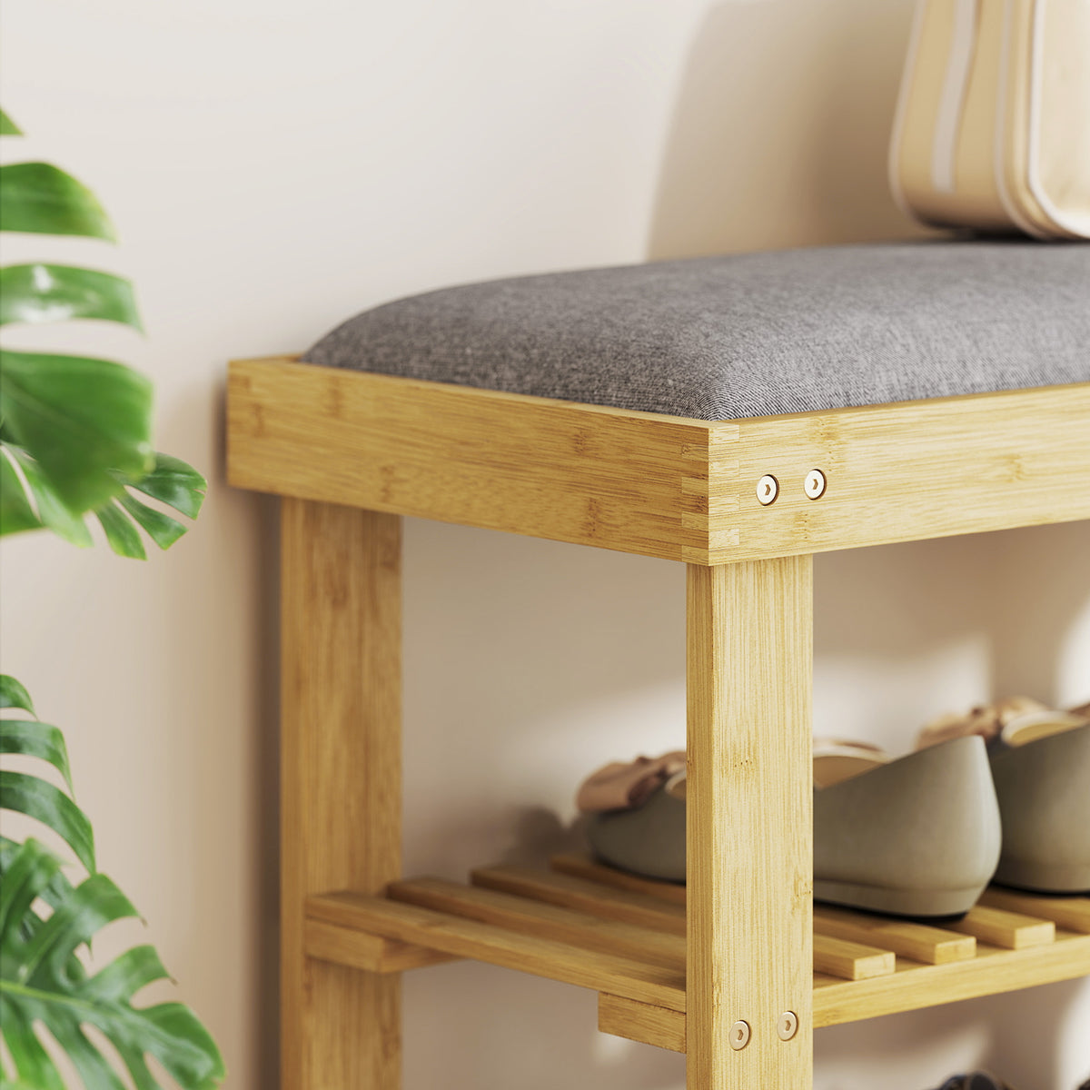 Banc à chaussures en bambou, étagère à chaussures à 3 niveaux, style scandinave, 60 x 29 x 49 cm, gris et bois naturel-8