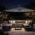 Parasol Déporté Parasol de Jardin LED Solaire 32 Lampes LED Manivelle UV 50+ et Housse de Protection Ø 295cm Gris-1