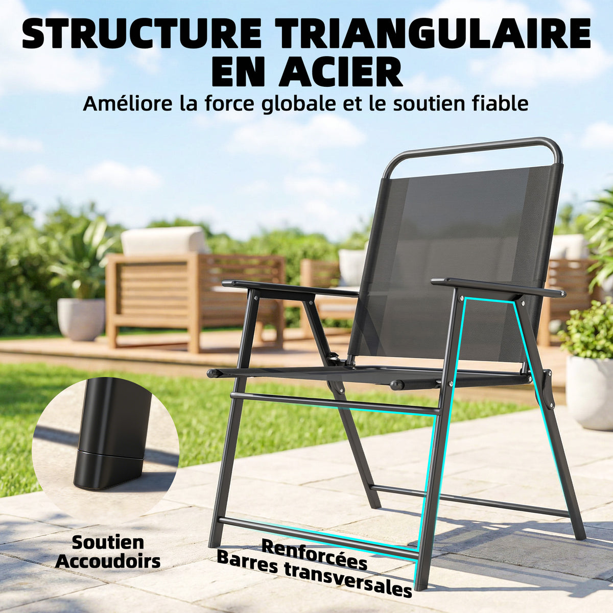 Lot de 4 chaises de jardin pliantes avec accoudoirs, chaises d'extérieur avec assise large en textilène, noir-7
