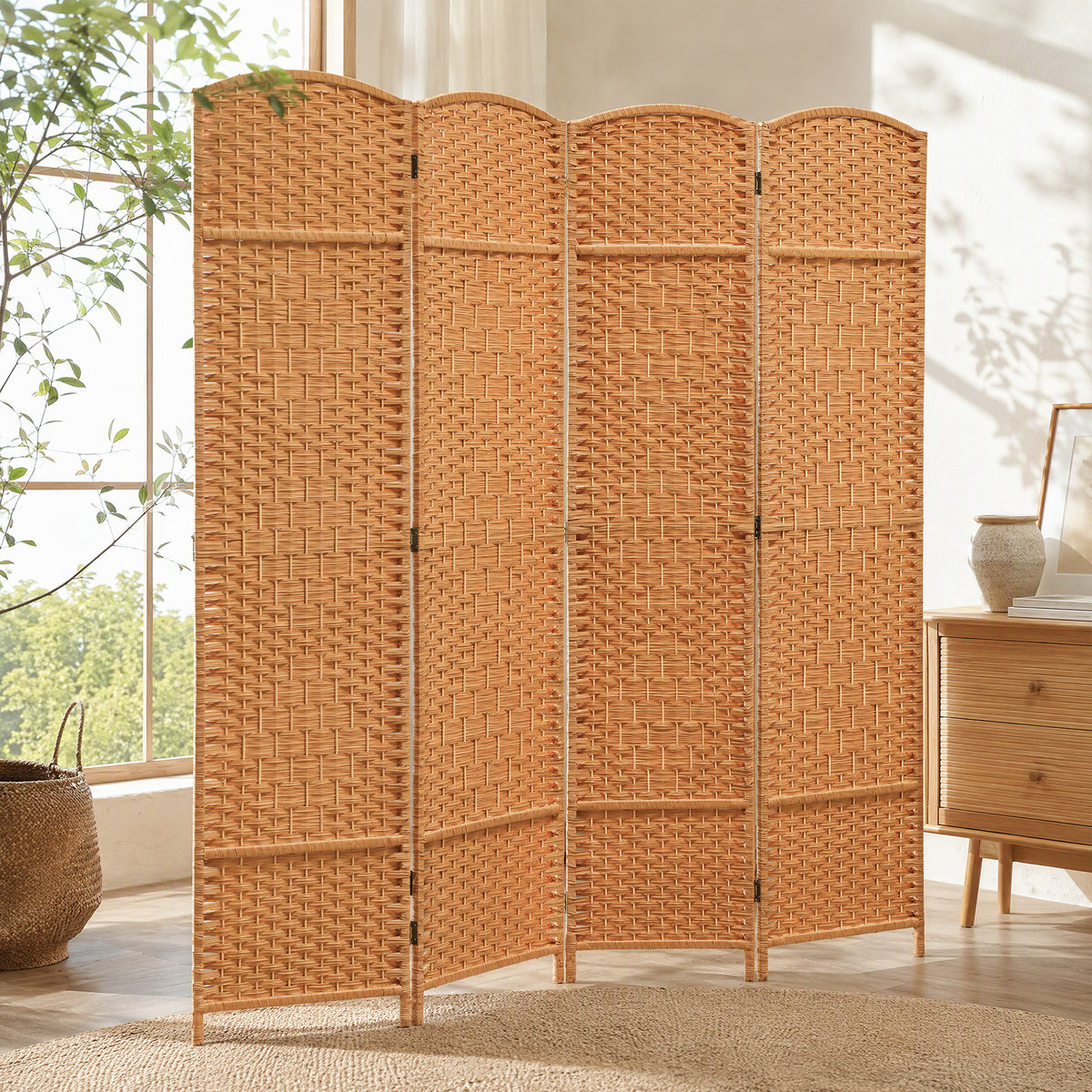 Paravent intérieur en bois 4 panneaux séparateur de pièce pliable pour salon chambre 180 x 180 cm brun clair-9