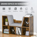 Bibliothèque banc 2 en 1 avec coussins de siège, étagère cube 6 compartiments ouverts, 102 x 30 x 61 cm, brun rustique-3