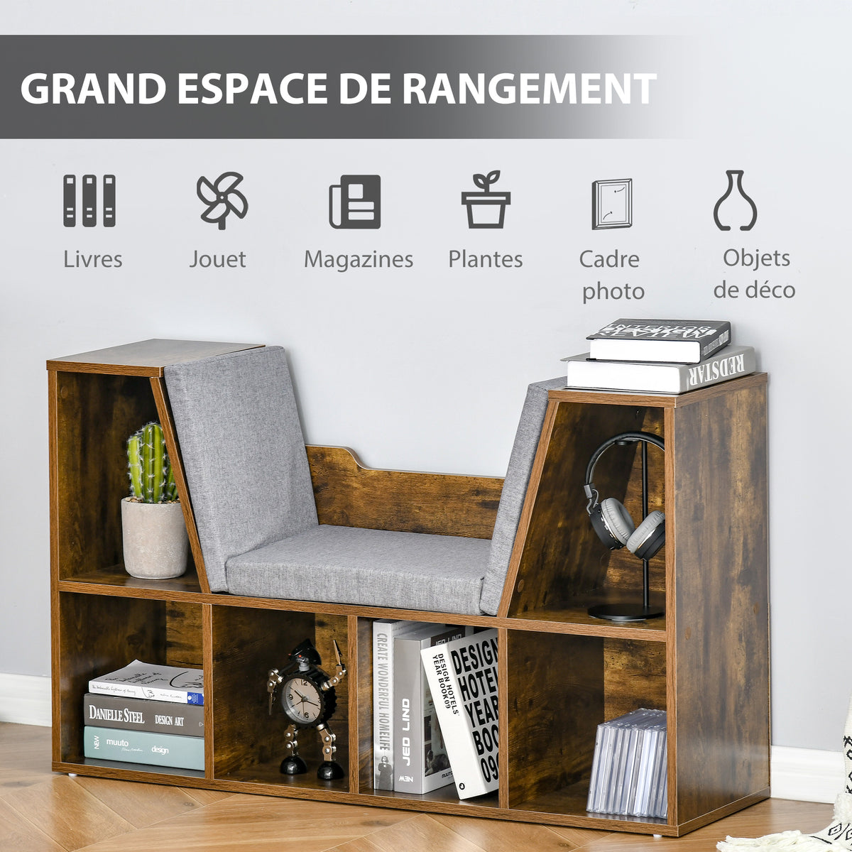 Bibliothèque banc 2 en 1 avec coussins de siège, étagère cube 6 compartiments ouverts, 102 x 30 x 61 cm, brun rustique-3